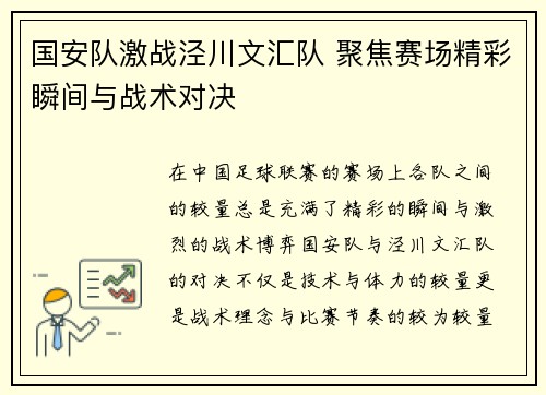 国安队激战泾川文汇队 聚焦赛场精彩瞬间与战术对决